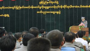 Police Chief Myo Swe Win gives speech at 100-day meeting of Mon State Police Force (Photo: Mon Htaw)